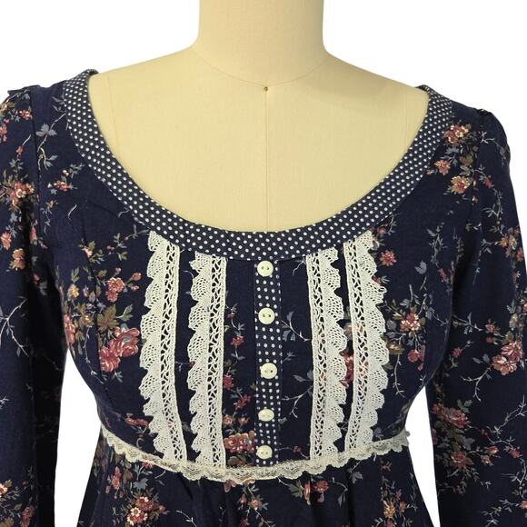 Gunne Sax Navy Blue Floral Midi Dress Size 9 S Prairie Calico Lace Polka Dot - Picture 4 of 9